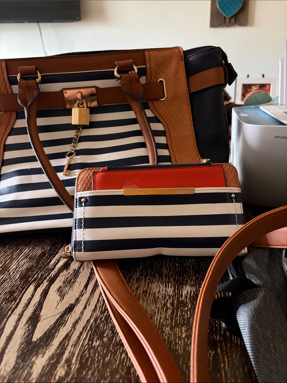 Aldo Navy & White Striped Tote with Brown Trim and Red-Accent Wallet